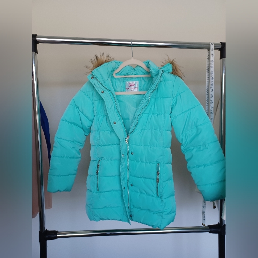 Justice Puffer Coat with Faux Fur Trim - Teal Blue - Size 8/10 - Girls